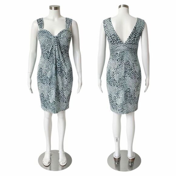 BCBGMAXAZRIA Teal Green Abstract Bodycon Sweetheart Ruched Twist-Knot Dress Sz S - Picture 4 of 15